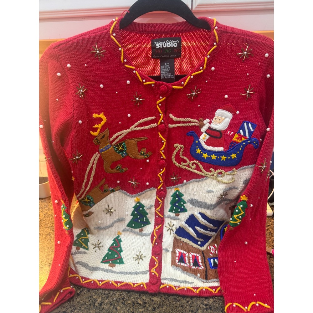 Designers Originals‎ Studio Red Christmas Sweater Santa Reindeer Sleigh Trees